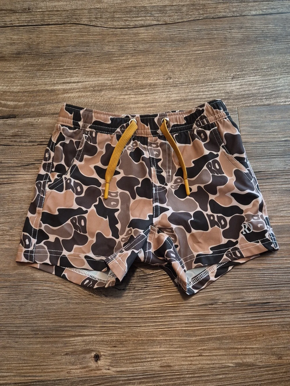 Kids Brown Camo Swim Trunks with Yellow Drawstring